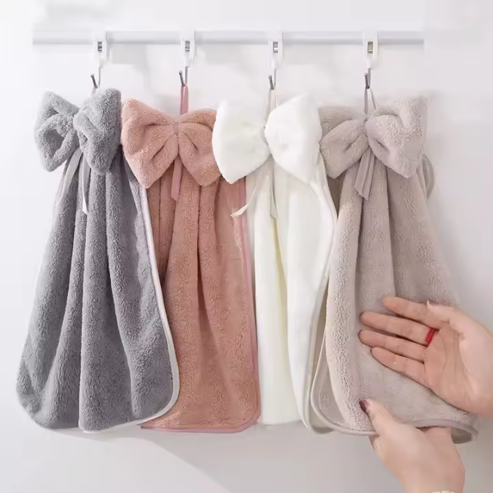 Toalla de mano de terciopelo Coral con lazo, paño absorbente colgante, paño suave, herramientas de cocina, accesorios de baño - 1