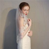 Boda de encaje nupcial para velo de novia de 2 niveles con apliques de cintura corta y velos de tul suaves con peine - details 3