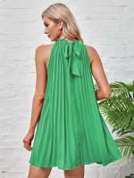 Mini Vestidos con lazo y cuello Halter para mujer, vestido plisado sin mangas con pliegues holgados de Color sólido a la moda - details 12
