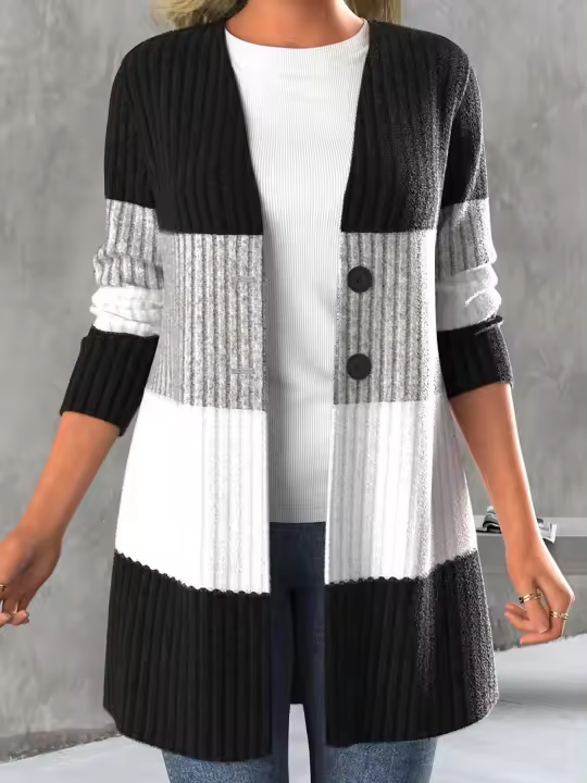 Abrigo tipo cárdigan largo estilo bohemio a rayas con mangas tipo suéter para mujer - 1