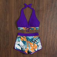 Bikini abierto con estampado de hojas retro en talla grande, conjunto de traje de baño de dos piezas con correas estables para mujer - details 70