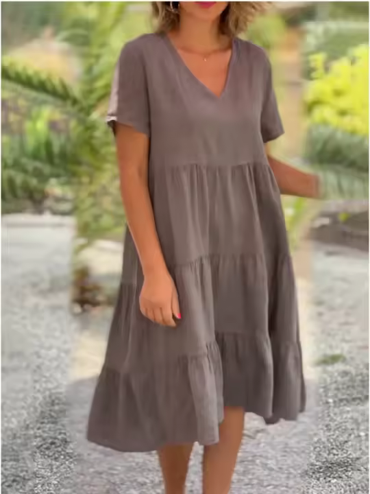 Novedad de verano, ropa fresca y dulce para mujer con cuello en V, vestido informal corto colgante de Color sólido - 1
