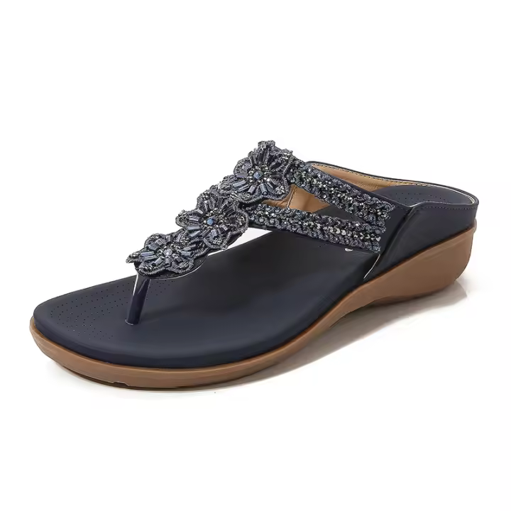 2025 verano nuevo europeo y americano retro flor con cuentas de diamantes de imitación moda versátil suave cómodo gran tamaño zapatillas frescas mujeres - 1