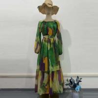 Nuevo vestido bohemio informal con estampado de manga y estampado Retro Maxi cuello redondo para mujer largo 2025 vestido de fiesta de gasa con cordones - details 7