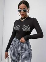La nueva camiseta acanalada del punto, camiseta caliente del diamante del cráneo de la moda remata para las mujeres - details 2