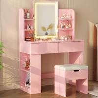 Tocador de Maquillaje con Luces LED, Brillo Ajustable, Mesa de Maquillaje con Espejo, con 2 Cajones Grandes y 4 Estantes Abiertos y Taquilla Lateral, Moderno, 90x40x135cm, Blanco - details 25