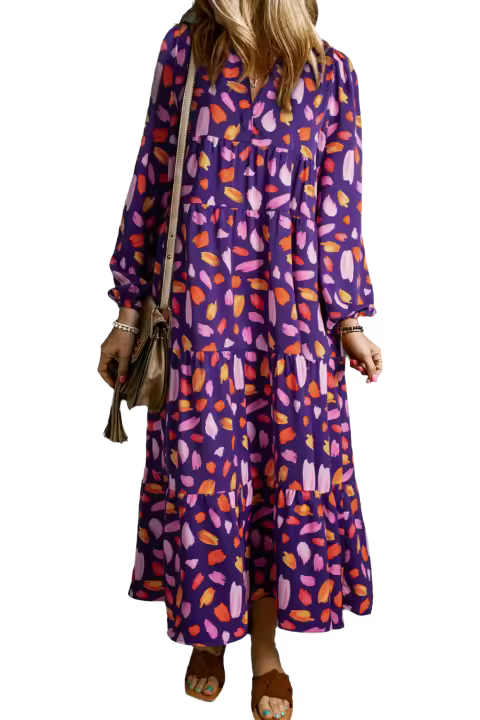 Elrachen Vestido largo de mujer con estampado abstracto fluido escalonado, azul, tallas S-2XL - 1