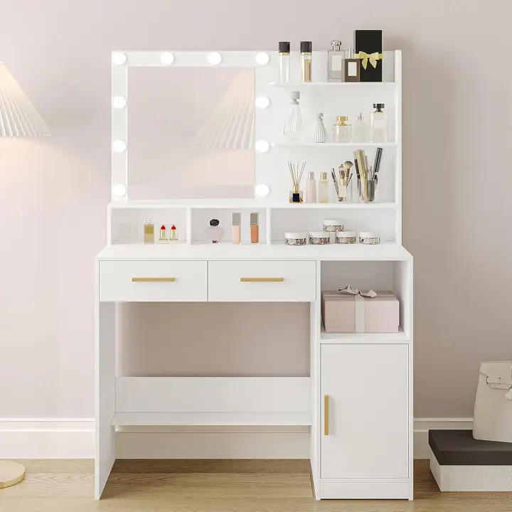 Mesa de Maquillaje con Espejo y LED Regulables Diseño de Cajón y Armario con 3 Escritorios y 4 Compartimentos Abiertos Blanco DT32503X - 1
