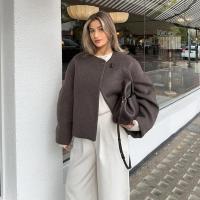 Elegante Abrigo de Lana Sólida para Mujer Cuello Redondo, Manga Larga, Ajuste Suelto, Moda de Ciudad Urbana de Otoño 2024 - details 14