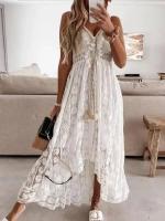 BUNO-Sin mangas, cuello en V, borlas fruncidas, vestido largo con volantes y fruncido con cordones para mujer - details 4