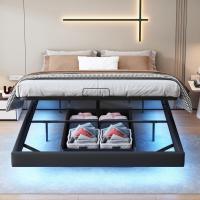 sin cabecero, cama doble con iluminación LED, estructura de cama con somier de láminas y marco de metal, marco de cama flotante, cama de almacenamiento con espacio de - details 15
