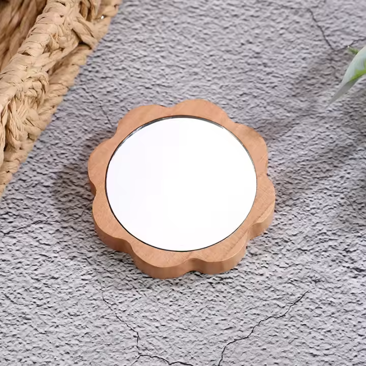 Espejo de Madera Portátil Mini Mini Espejo de Maquillaje para Mujeres Espejo Redondo de Belleza en Mano - 1