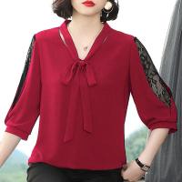Blusas estilo Primavera Verano para mujer, Tops informales con pajarita y media manga de encaje, Blusas holgadas DF4275 - details 4