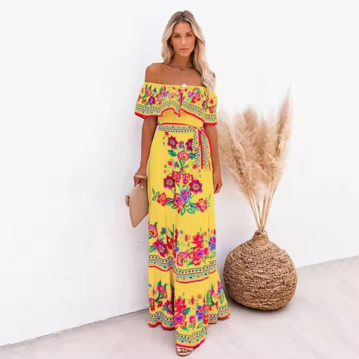 Nuevo vestido largo con vuelo y estampado de flores rojas de un hombro para primavera y verano 2025 - 1