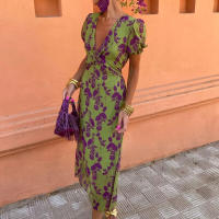 Vestido de manga corta con cuello en V, ajustado, elegante y largo con estampado de bloques de color de moda para mujer, primavera 2025 - details 2