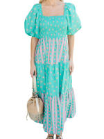 Vestido bohemio de mujer con manga abullonada, cuello cuadrado, estampado floral, vestido largo y fluido - details 0