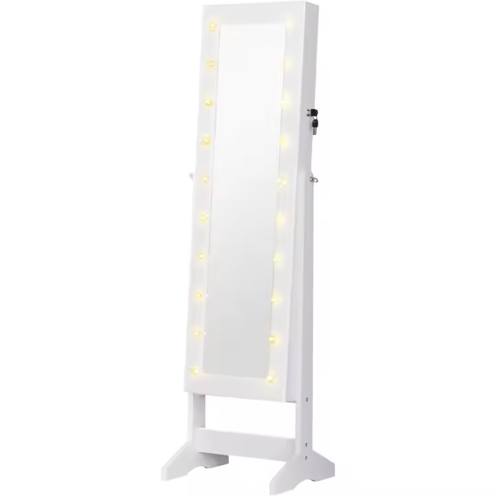 Espejo Joyero con 20 Luces LED Armario Joyero Reclinable con Guardajoyas Anillos Pendientes Collares Cerradura y Llaves 40x37x146 cm Blanco - 1