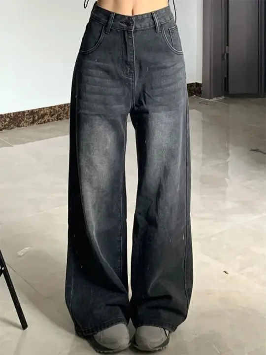 Vaqueros retro de cintura alta para mujer, jeans sueltos de pierna recta en forma de pera ajustados, jeans sueltos negros y grises. - 1