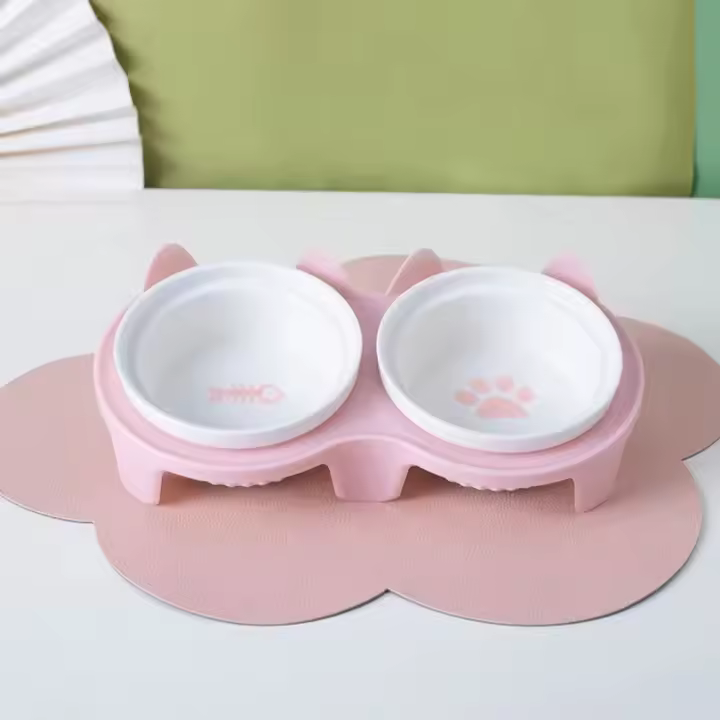 Cuenco de agua doble Diagonal para mascotas, protección Cervical de cerámica con gato colorido, base alta, para beber y alimentar - 1