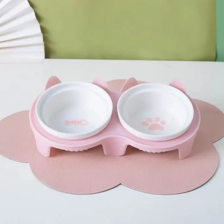Cuenco de agua doble Diagonal para mascotas, protección Cervical de cerámica con gato colorido, base alta, para beber y alimentar - 1