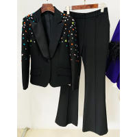 Traje de pantalón con cuentas de diamantes coloridos, talla grande, blazer de un solo botón, pantalón acampanado, conjunto de do - details 1