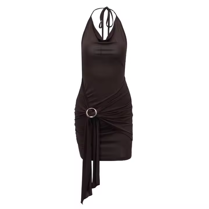 Mini vestido marrón de corte bajo sin espalda para mujer, vestidos plisados ​​de verano para chica fresca - 1