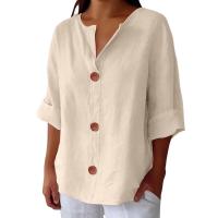 Camiseta de verano "Mujer 2025 con cuello en V, lino y algodón, holgada y transpirable, estilo boho-chic - Moda informal y elegante" "Mujer con cuello en V, algodón, transpirable, - Moda" - details 42