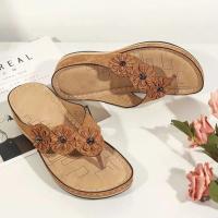Women Flower Wedge Flip Flops Solid Color Non-slip Arch Support Slides Shoes Casual Outdoor Slippers - details 8