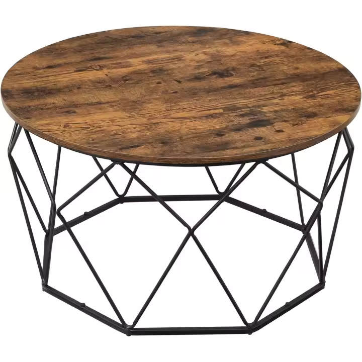 Mesa Baja Redonda de Acero Estilo Industrial para Salón, Dormitorio, Oficina Marrón Rústico y Negro - 1
