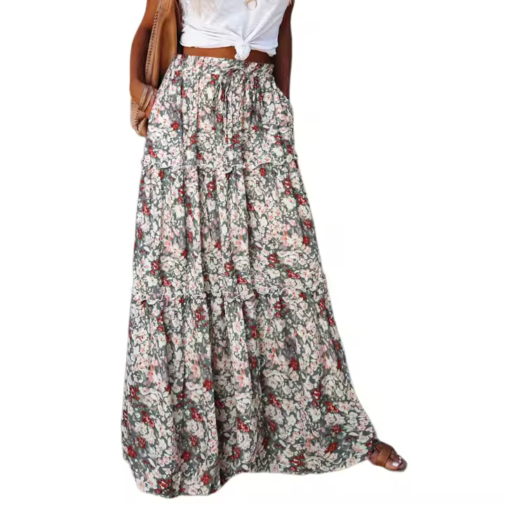 Falda larga de cintura alta, informal, holgada de estilo bohemio - 1