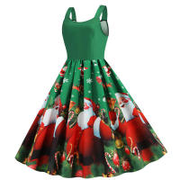 Women vintage spaghetti strap floral print high waist elegant sleeveless a-line party midi dress - details 45
