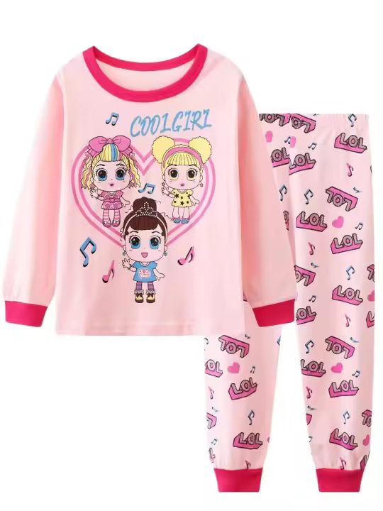 Conjunto De Pijamas De Algodón Rosa Para Niñas Con Estampado De Unicornio Casual Cuello Redondo Talla Pequeña Para Edades 7-12 - 1