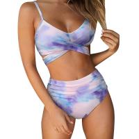 Traje de baño dividido de cintura alta para mujer, bikini multicolor con estampado de cuello halter cruzado - details 21