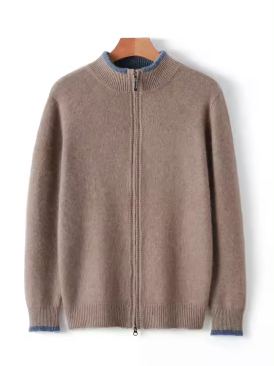 Suéter de cachemira pura con cuello en H para hombre, forro polar con cremallera, top de color sólido, otoño e invierno - 1