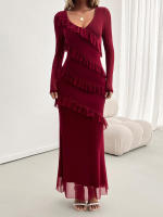 Vestido de malla con cuello en V, elegante y entallado, de manga larga para mujer, otoño invierno - details 9