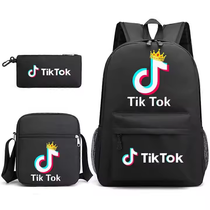 Mochila escolar Tiktok de tres piezas, mochila informal para estudiantes, mochila para exteriores de gran capacidad, bolso de lona informal negro ~ 5 - 1