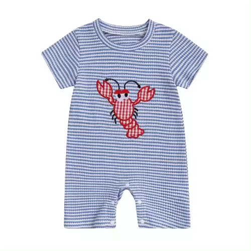 pelele de verano para bebé, mono informal con bordado de langosta y estampado de rayas, mono de manga corta para recién nacido, niño y niña de 0 a 18M - 1