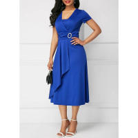Elegante fiesta midi para mujer en color liso con cuello en V y cintura definida, vestido de noche asimétrico de manga corta - details 0