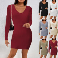 Vestido de Suéter de Punto de Manga Larga con Cuello en V Ajustado Nuevo para Mujer - details 1