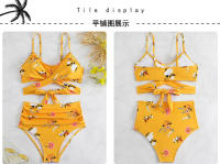 Traje de baño dividido de cintura alta para mujer, bikini multicolor con estampado de cuello halter cruzado - details 34