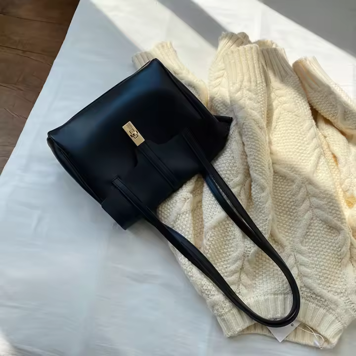 Elegante bolso de mano negro para mujer: bolso de hombro retro de gran capacidad con cierre dorado, perfecto para desplazarse - 1