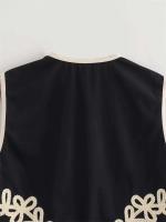 Chaleco Corto Bordado Zevity Aplicación Floral Femenina, Chaleco Sin Mangas, Top Ajustado, Estilo Europeo, CT6207 - details 8