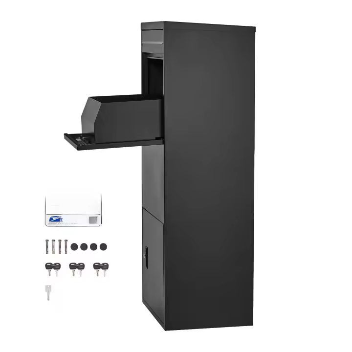 SucceBuy Caja de entrega de paquetes segura para exteriores, buzón de correo de 47,2 pulgadas con cerradura, buzón de acero galvanizado duradero con funciones antirrobo, buzón resistente a la intemperie, negro - 1