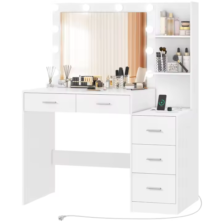 110cm Tocador de Maquillaje con Espejo Grande y Luces LED, Mesa de Maquillaje con 5 Cajones, 2 Estantes Abiertos, Mesa de Tocador con Estación de Carga,Tocador para Niñas, Blanco - 1