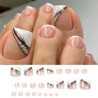 Juego De 24 Piezas Uñas Postizas De Acrílico Con Borde Blanco Y Flor Artísticas Para Pies Uñas Press on Removibles Para Fiestas - details 24