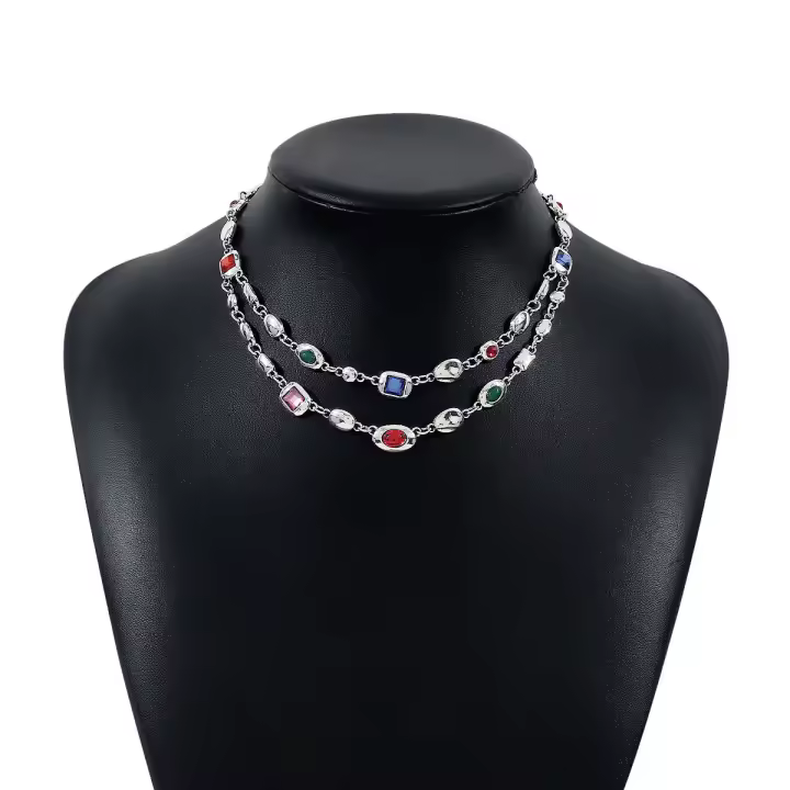 Collar de doble capa con incrustaciones de diamantes de estilo étnico de tendencia medieval, cadena de cuello antigua de sensación de niña exquisita de lujo ligero - 1