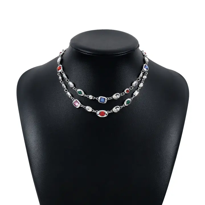 Collar de doble capa con incrustaciones de diamantes de estilo étnico de tendencia medieval, cadena de cuello antigua de sensación de niña exquisita de lujo ligero - 1