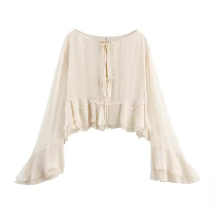 Moda Primavera 2025 para Mujeres Blusa Decorativa Elegante con Manga de Cuerno Joker - 1