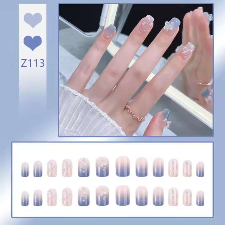 24 Uñas Postizas Cortas Desmontables Con Mariposas Brillantes Uñas Falsas Presionables Cuadradas Cubiertas Para Uso Doméstico - 1