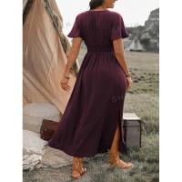 Vestido largo de verano 2024 de color sólido con cuello en V, manga acampanada, cintura elástica, adelgazante y con abertura. - details 25